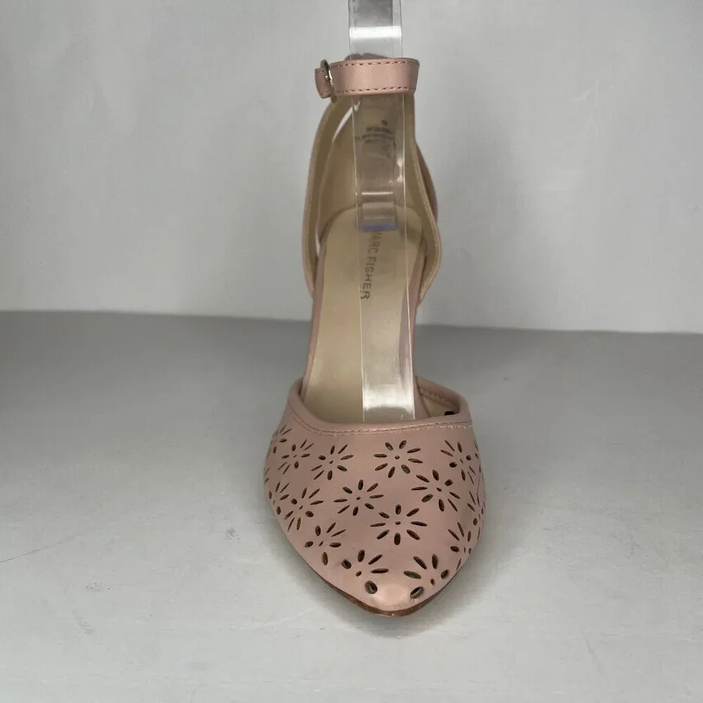 Marc Fisher Barbra Blush Pink Laser Cut Floral Wedge Pumps Ankle Strap Size 7M